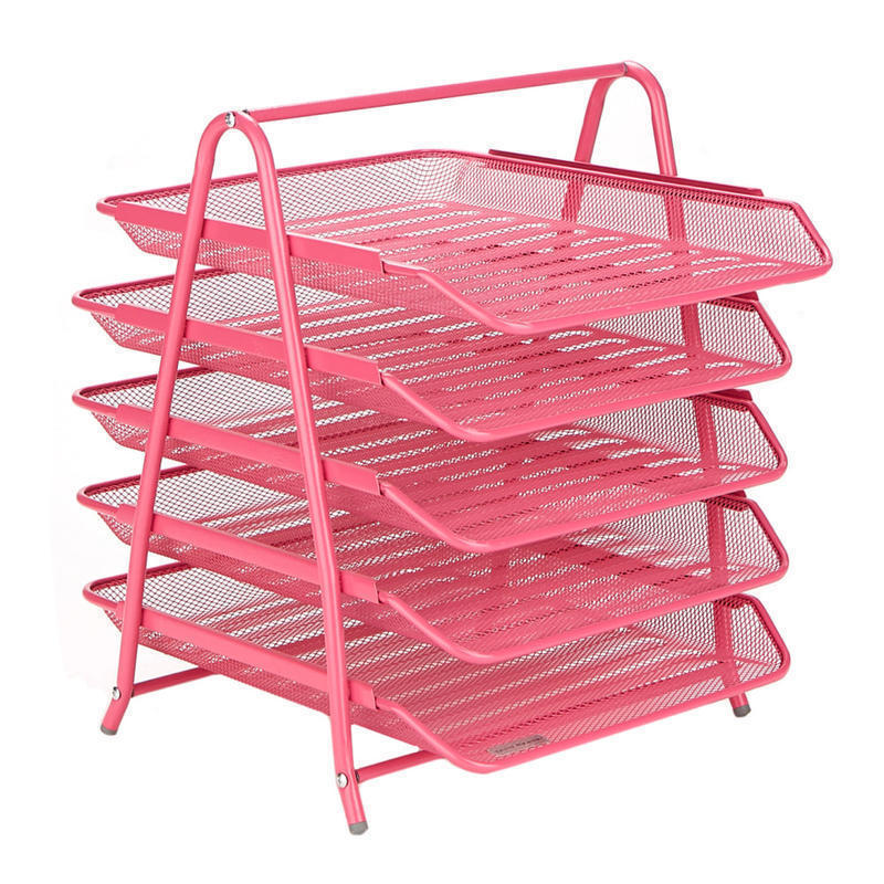 Mind Reader 5-Tier Paper Tray Desktop Organizer Metal Mesh, 15inH x 14inW x 11-3/4in L, Pink MPN:5TPAPER-PNK