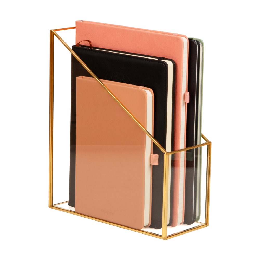 Mind Reader Vertical Glass File Holder, 11inH x 9-1/2inW x 4inD, Clear/Copper, Total Qty 1 MPN:BW-GLD