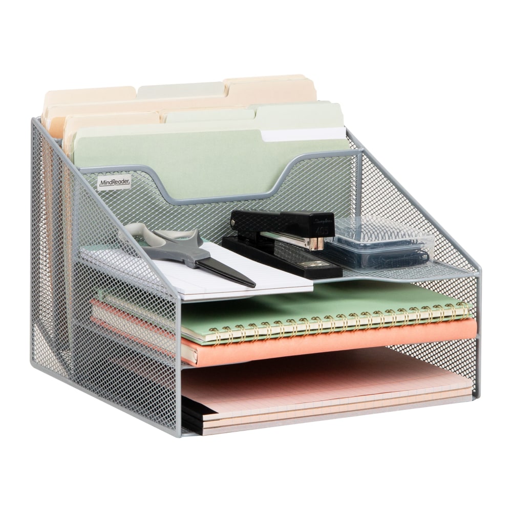 Mind Reader Desktop Vertical Paper Tray Organizer, 9-1/2in H x 11-1/2in W x 12-1/2in D, Silver MPN:MESHBOX5-SIL