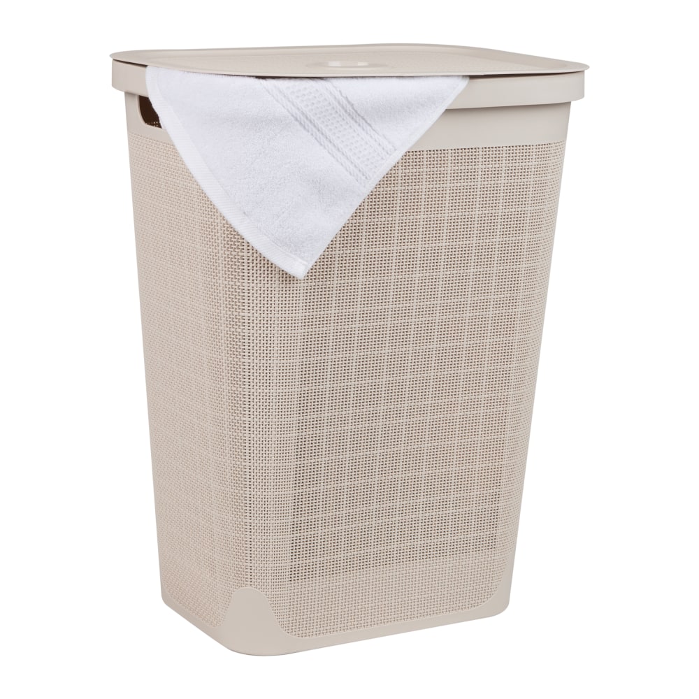 Mind Reader Linen Design Laundry Hamper with Lid, 60L, 23-1/2inH x 14-1/4inW x 18-1/4inL, Ivory MPN:60FABHAMP-IVO