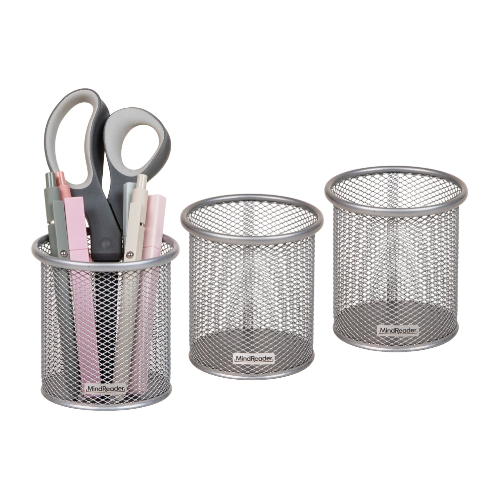 Mind Reader Pen And Accessories Holder, 3-3/4inH x 3-1/2inW x 3-1/2inD, Silver, Pack Of 3 Holders MPN:CLIPMESH3-SIL