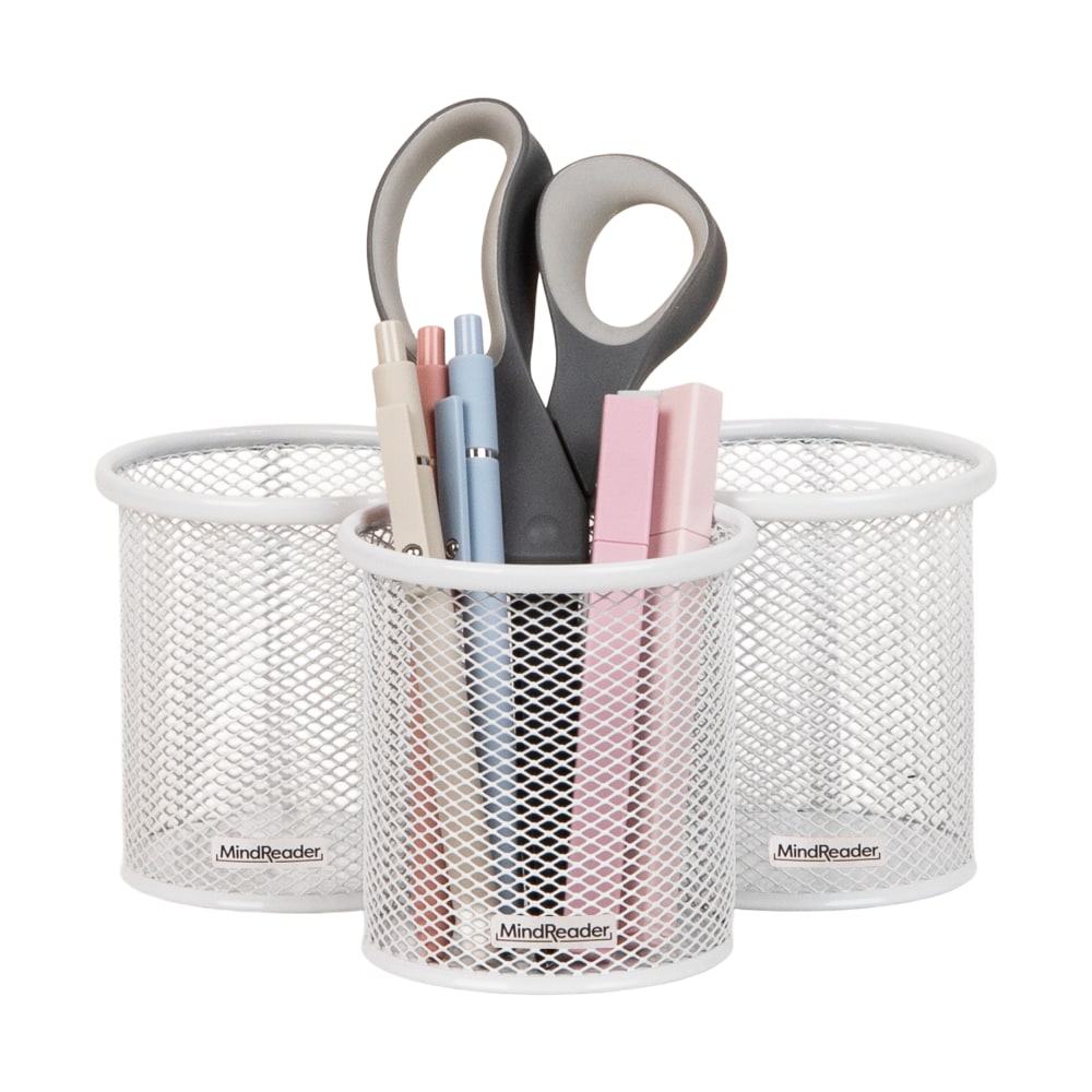 Mind Reader Pen And Accessories Holder, 3-3/4inH x 3-1/2inW x 3-1/2inD, White, Pack Of 3 Holders MPN:CLIPMESH3-WHT