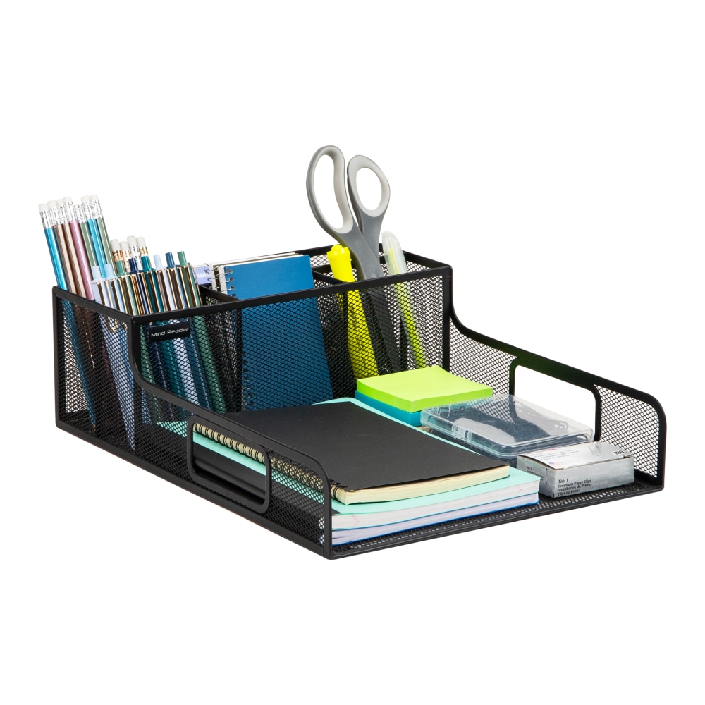 Mind Reader Utensil Napkin & Plate Holder, Silverware Organizer, 5-1/2inH x 14-3/4inW x 11-1/2inD, Black MPN:PSNAMESH-BLK