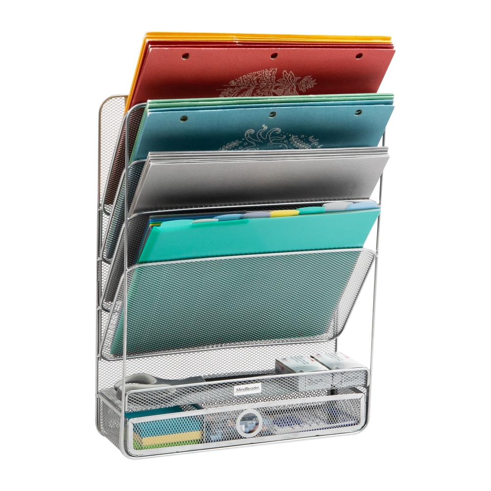 Mind Reader 4-Tier Wall Mount Vertical File Storage With Drawer, 16-1/2inH x 4inW x 12-1/2inD, Silver MPN:MAGROUND-SIL