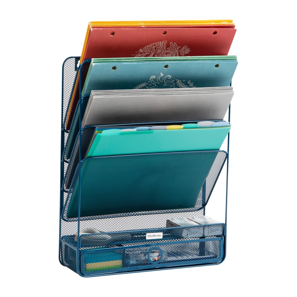 Mind Reader 4-Tier Wall Mount Vertical File Storage With Drawer, 16-1/2inH x 4inW x 12-1/2inD, Turquoise MPN:MAGROUND-TUR