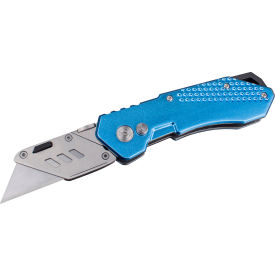 Encore™ Packaging Folding Utility Knife with Aluminum Handle Button Lock Blue EP-290