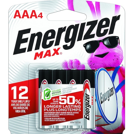 Energizer Max AAA Alkaline Battery, 1.5V DC, PK4 MPN:E92BP-4