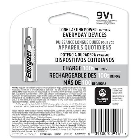 Precharged Recharg Battery, 9V, NiMh MPN:NH22NBP