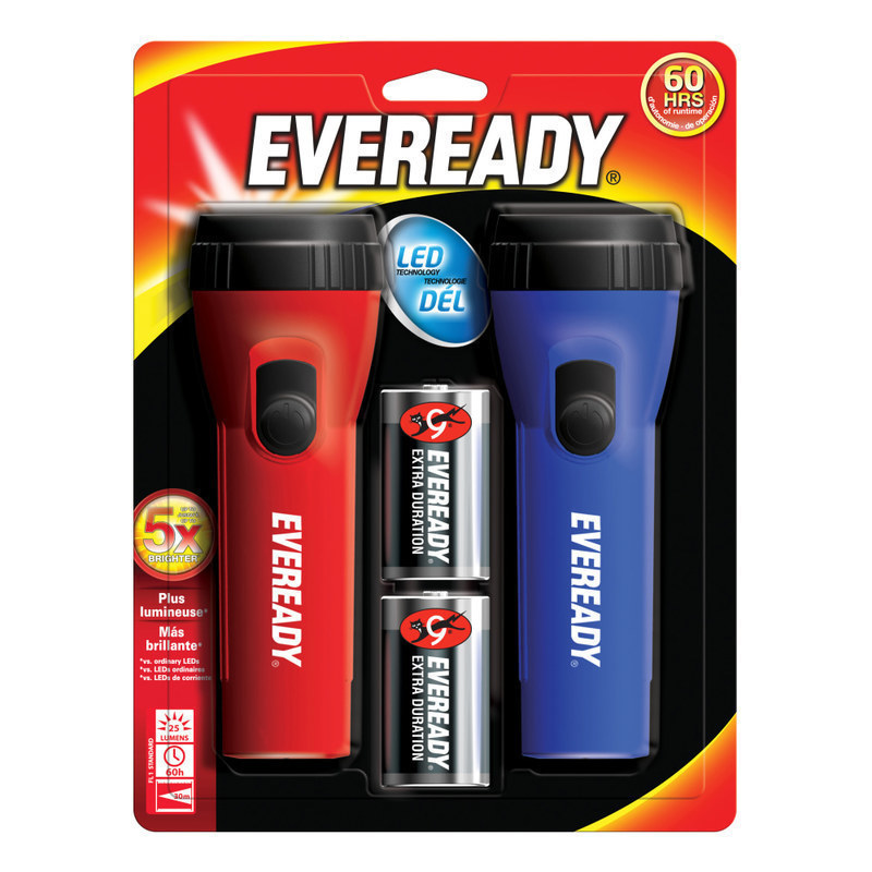 Eveready Economy LED Flashlight Twin Pack, 2 7/16in, Red/Blue, Pack Of 2 (Min Order Qty 9) MPN:EVEL152S