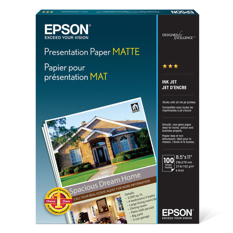 Epson Presentation Paper, Matte White, Letter (8.5in x 11in), 100 Sheets Per Pack, 27 Lb, 90 Brightness (Min Order Qty 4) MPN:S041062