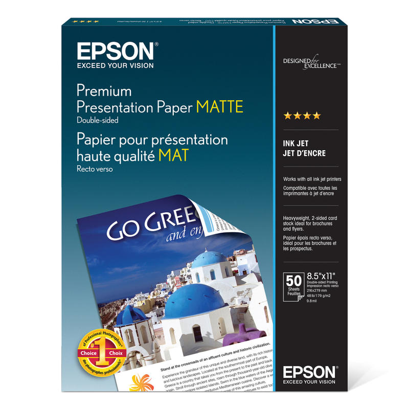 Epson Double-Sided Premium Presentation And Photo Paper, Letter Size (8 1/2in x 11in), Pack Of 50 Sheets, 47 Lb, Matte White (Min Order Qty 4) MPN:S041568