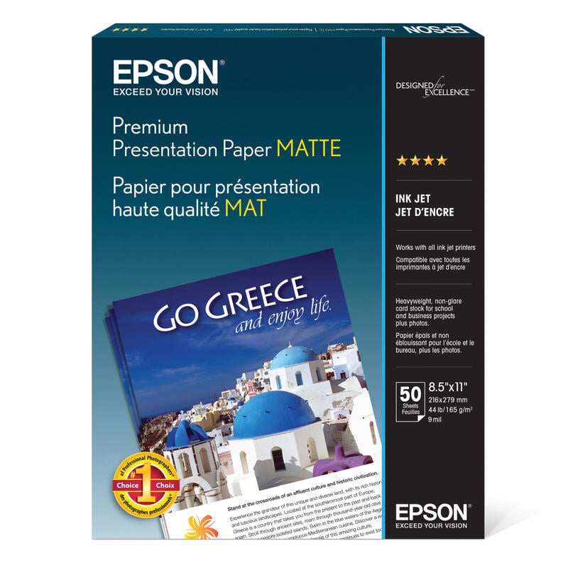 Epson Premium Presentation Paper, White, Letter (8.5in x 11in), 50 Sheets Per Pack, 44 Lb, 97 Brightness (Min Order Qty 6) MPN:S041257