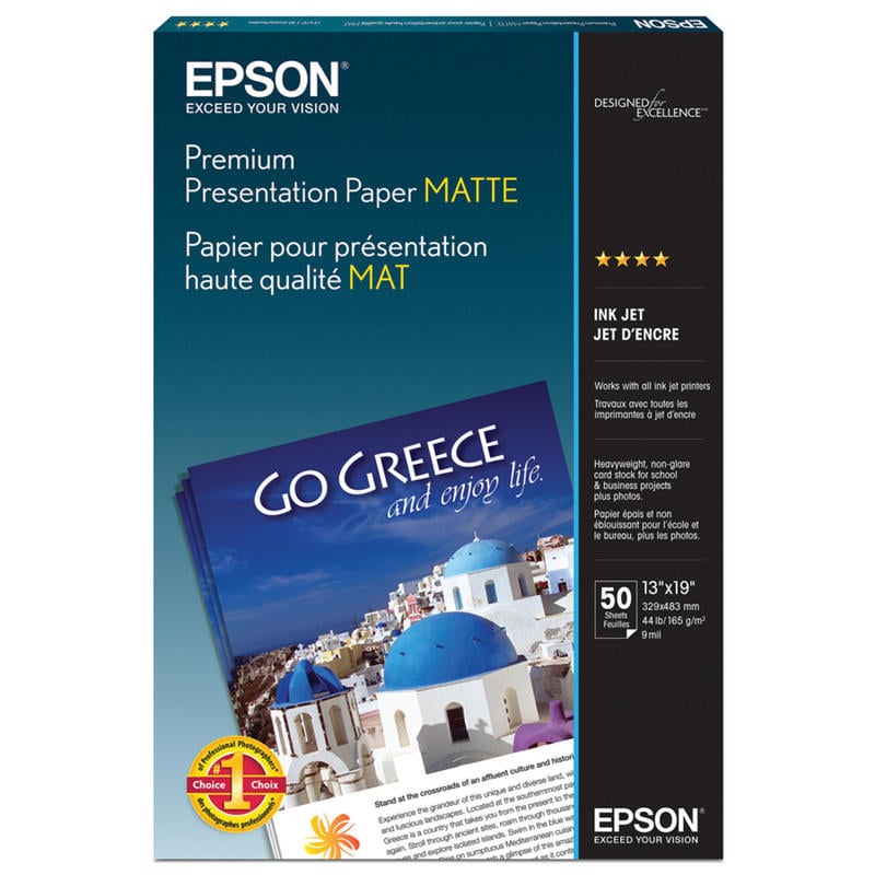 Epson Premium Presentation Paper, White, 13in x 19in, 50 Sheets Per Pack, 44 Lb, 97 Brightness MPN:S041263