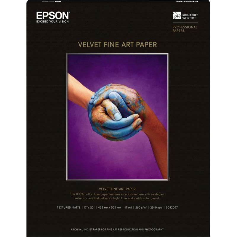 Epson 17in x 22in Velvet Fine Art Paper For Inkjet Printers, 25 Sheets MPN:S042097