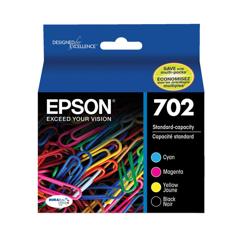 Epson 702 DuraBrite Ultra Black And Cyan, Magenta, Yellow Ink Cartridges, Pack Of 4, T702120-BCS MPN:T702120-BCS