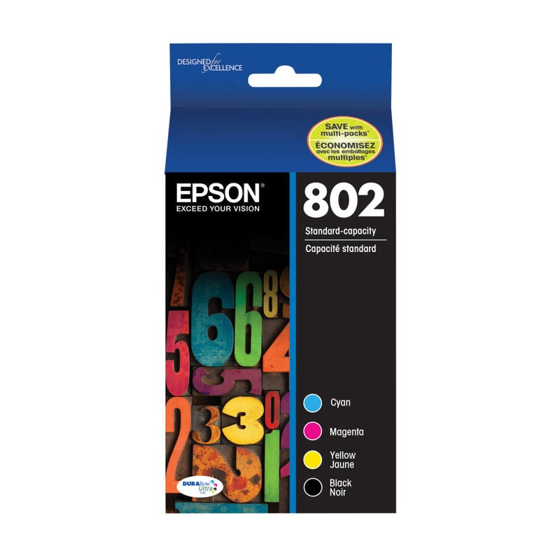 Epson 802 DuraBrite Black And Cyan, Magenta, Yellow Ink Cartridges, Pack Of 4, T802120-BCS MPN:T802120-BCS
