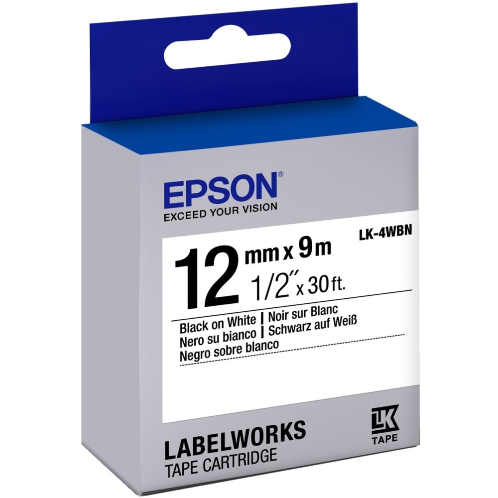 Epson LabelWorks Standard LK-4WBN Tape Cartridge, 1/2in x 30ft, Black/White MPN:LK-4WBN