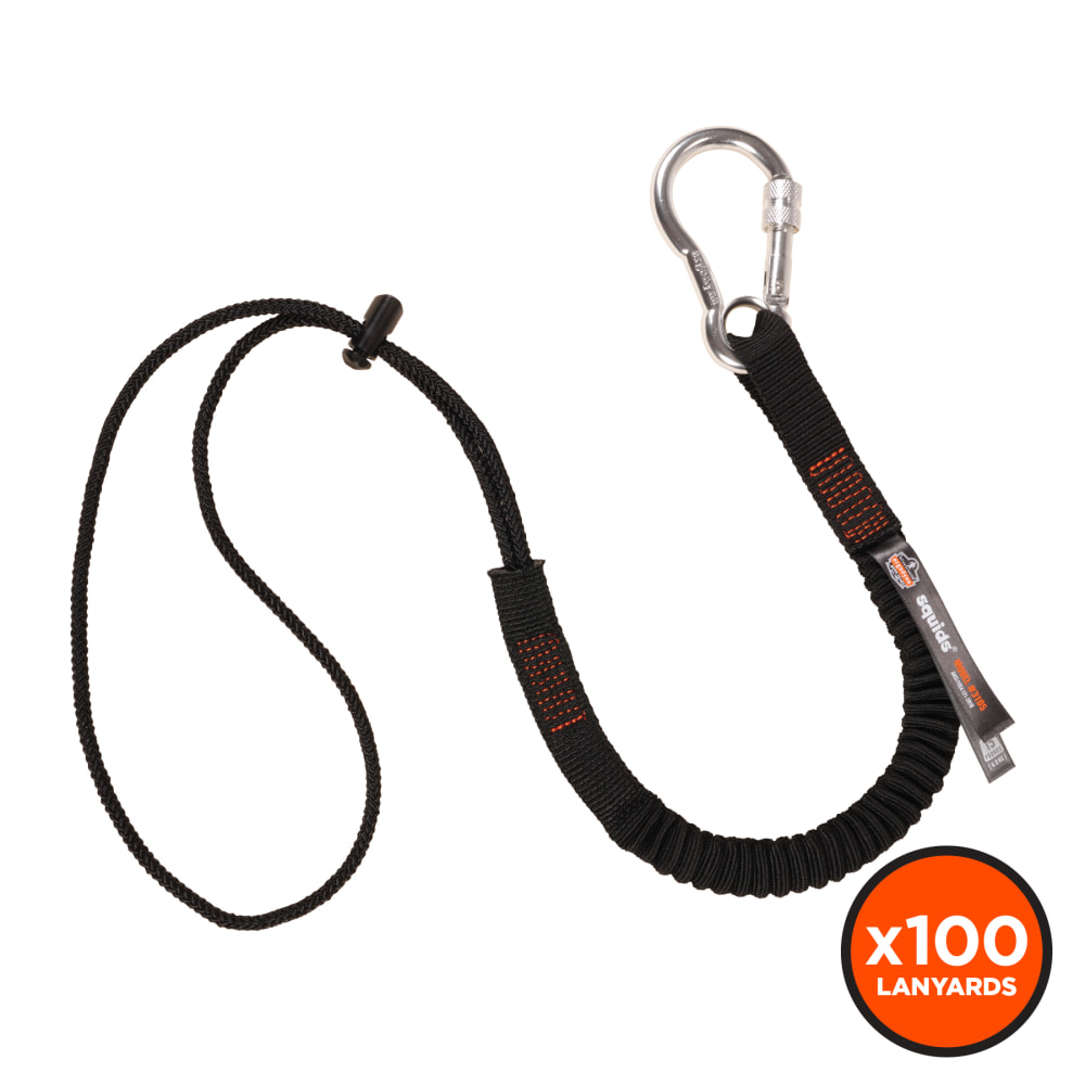 Ergodyne Squids 3105 Economy Single-Carabiner Tool Lanyard, 32in, Black, Pack Of 100 Lanyards MPN:19011