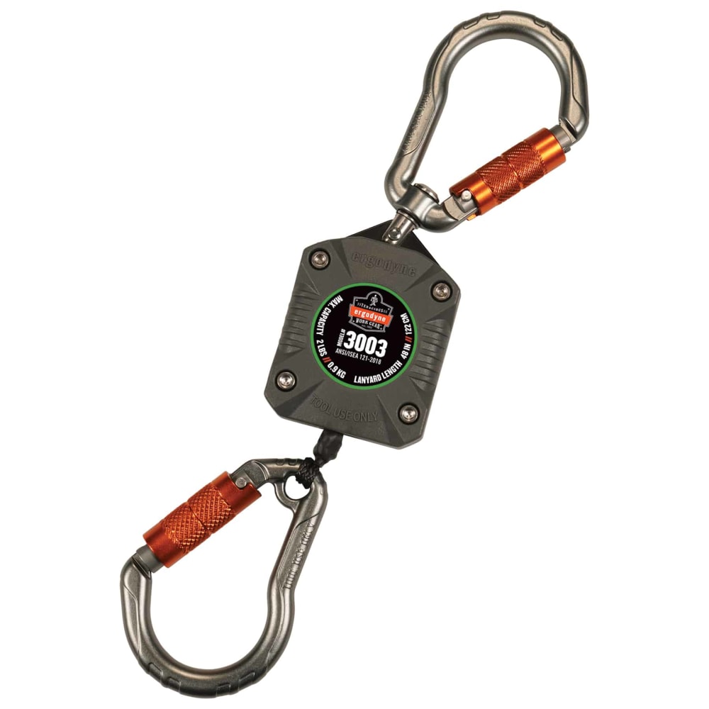 Ergodyne Squids 3003 Retractable Tool Lanyard With Dual Locking Carabiners, 48in, Gray MPN:19303