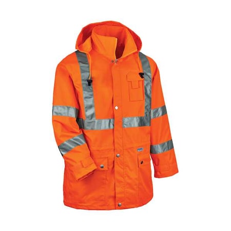 Rain Jacket with Hood, Polyester, Class 3 Type R, Orange, XL MPN:8365
