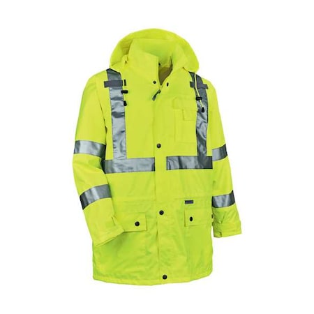 Rain Jacket with Hood, Polyester, Class 3 Type R, Yellow/Green, 5XL MPN:8365