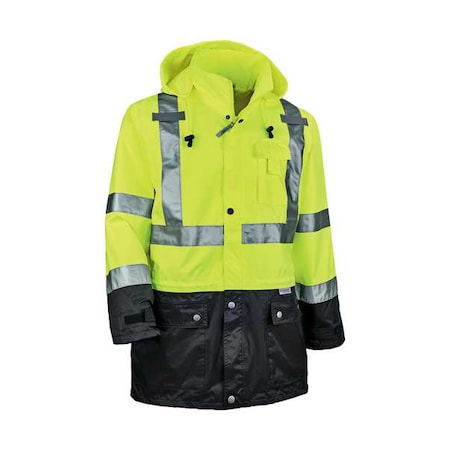 Hi-Vis Rain Jacket, Polyester/Polyurethane Coating, Class 3 Type R, Lime/Black, Xl MPN:8365BK