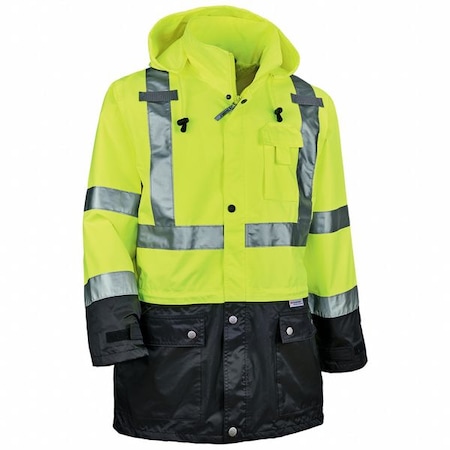 Hi-Vis Rain Jacket, Polyester/Polyurethane Coating, Class 3 Type R, Lime/Black, M MPN:8365BK-M