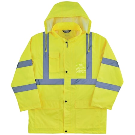 Hi-Vis Rain Jacket, Polyurethane, 150D Oxford Polyester, Class 3 Type R, Lime, S MPN:8366