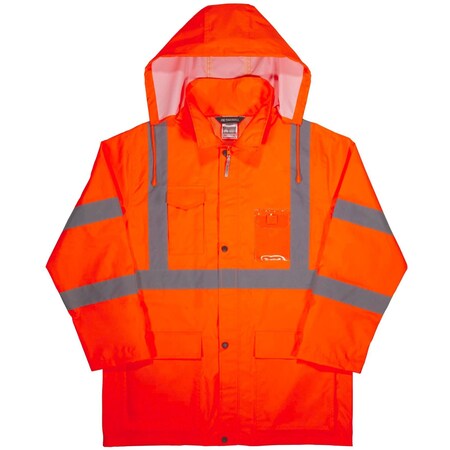 Hi-Vis Rain Jacket, Polyurethane, 150D Oxford Polyester, Class 3 Type R, Orange, 4XL MPN:8366