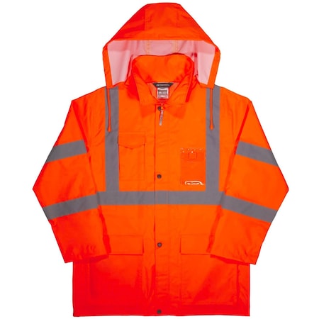 Hi-Vis Rain Jacket, Polyurethane, 150D Oxford Polyester, Class 3 Type R, Orange, S MPN:8366