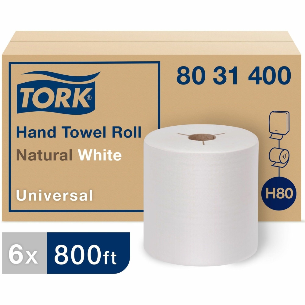 TORK Universal Hand Towel Roll - 1 Ply - 8in x 800 ft - 7.80in Roll Diameter - Natural, White - Paper - Embossed - For Hand - 6/Pack MPN:8031400