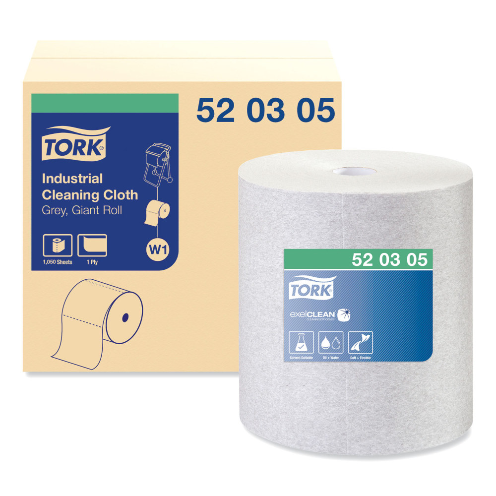 Tork Industrial Cleaning Cloths, 1-Ply, 12.6 x 13.3, Gray, 1, 050 Wipes/Roll MPN:520305