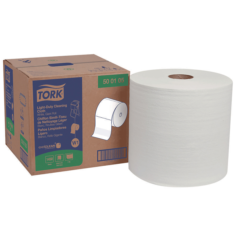 Tork Light Duty Cleaning Cloth, Giant Roll, 1-Ply, 9 x 12.4, White, 1, 450 Sheet Roll/Carton MPN:500105