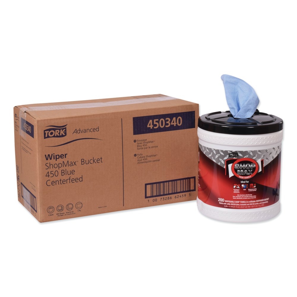 Tork Advanced ShopMax Wiper 450 Wipes, 8-1/2in x 10in, Blue, 200 Wipes Per Bucket, Carton Of 2 Buckets MPN:450340