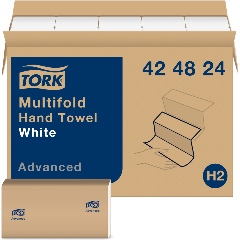 Tork Multifold H2 1-Ply Hand Towels, 9-1/2in x 9in, White, 250 Sheets Per Pack, Case Of 16 Packs MPN:424824