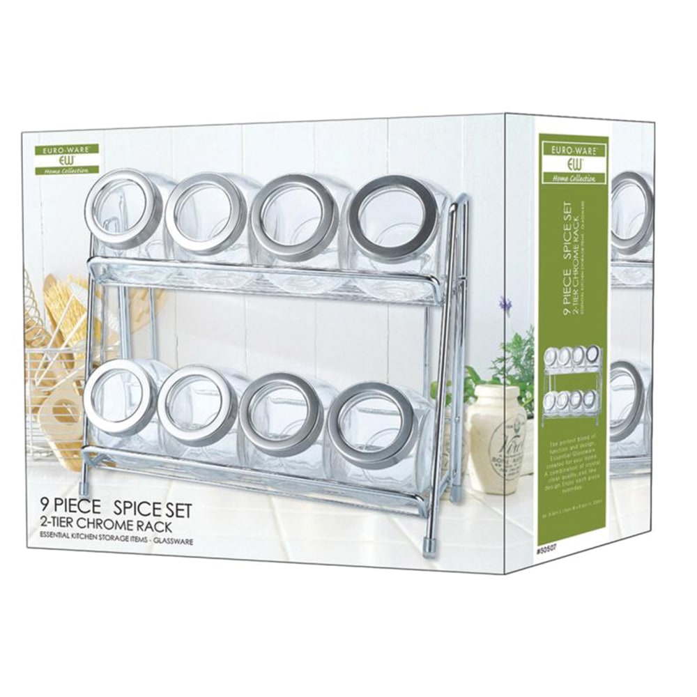 EuroHome 9-Piece Glass Spice Jar With Rack Set, 10-1/4inH x 9-1/2inW x 4-1/2inD, Clear/Chrome MPN:EW65039