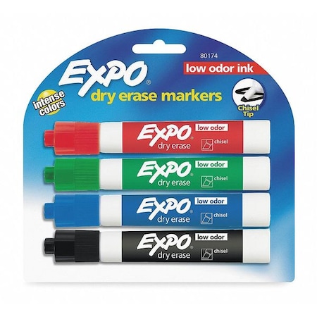 Dry Erase Marker Set, Chisel Tip, Assorted Colors PK4 Low Odor MPN:80174