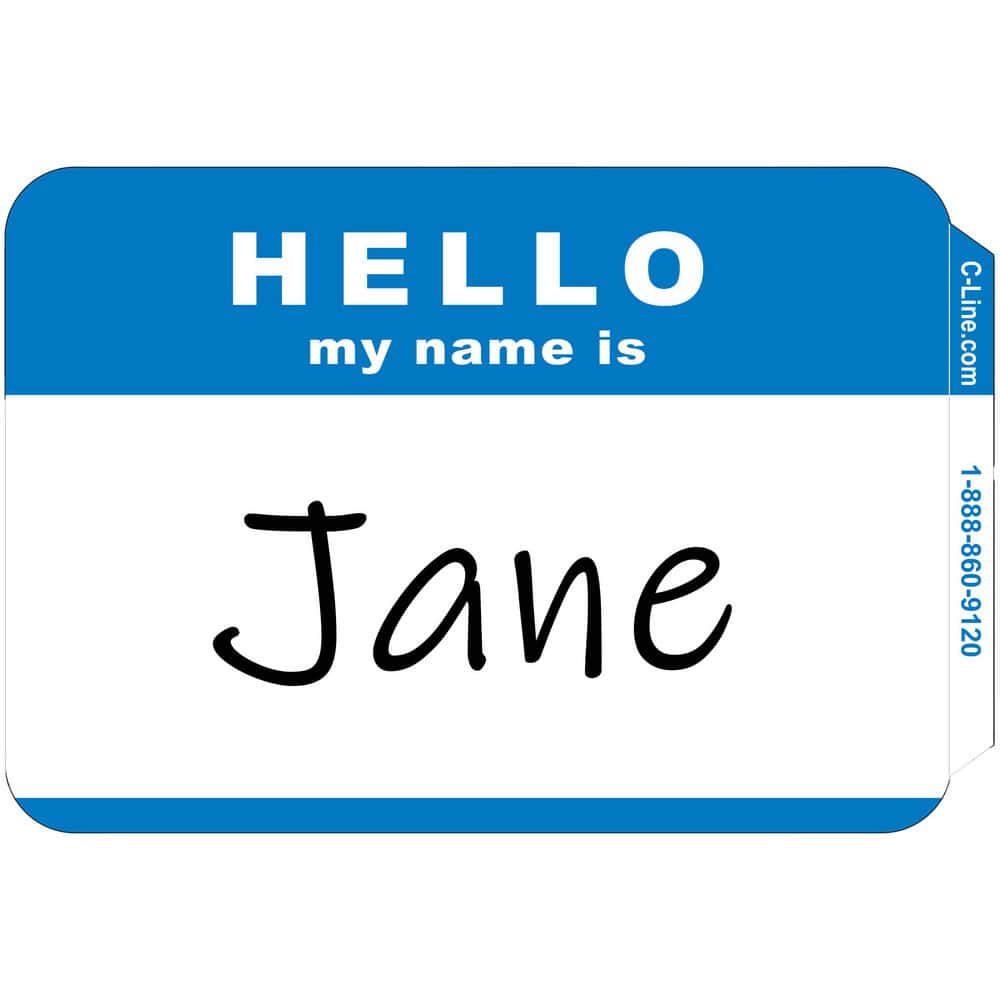 ID Badges; Type: Pressure Sensitive Adhesive Label; Legend: Hello my name is; Color: Blue; Material: Paper; Length (Inch): 2-1/4; Width (Inch): 3-1/2 MPN:92235-CT - Pkg Qty 100