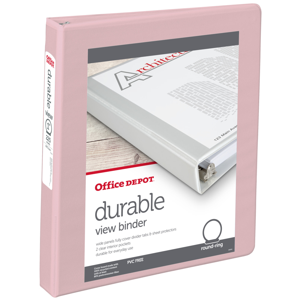 Office Depot Brand 3-Ring Durable View Binder, 1in Round Rings, Blush MPN:71620