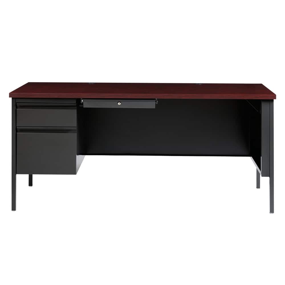 Steel Base Left Pedestal Desk: Woodgrain Laminate Top, Mahogany & Charcoal MPN:20099