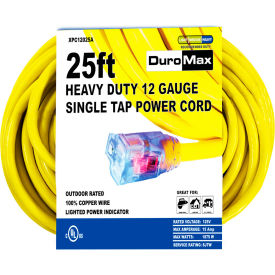 DuroMax Heavy Duty Single Tap Extension Power Cord SJTW 12 Gauge 15A 120V 25'L Yellow XPC12025A