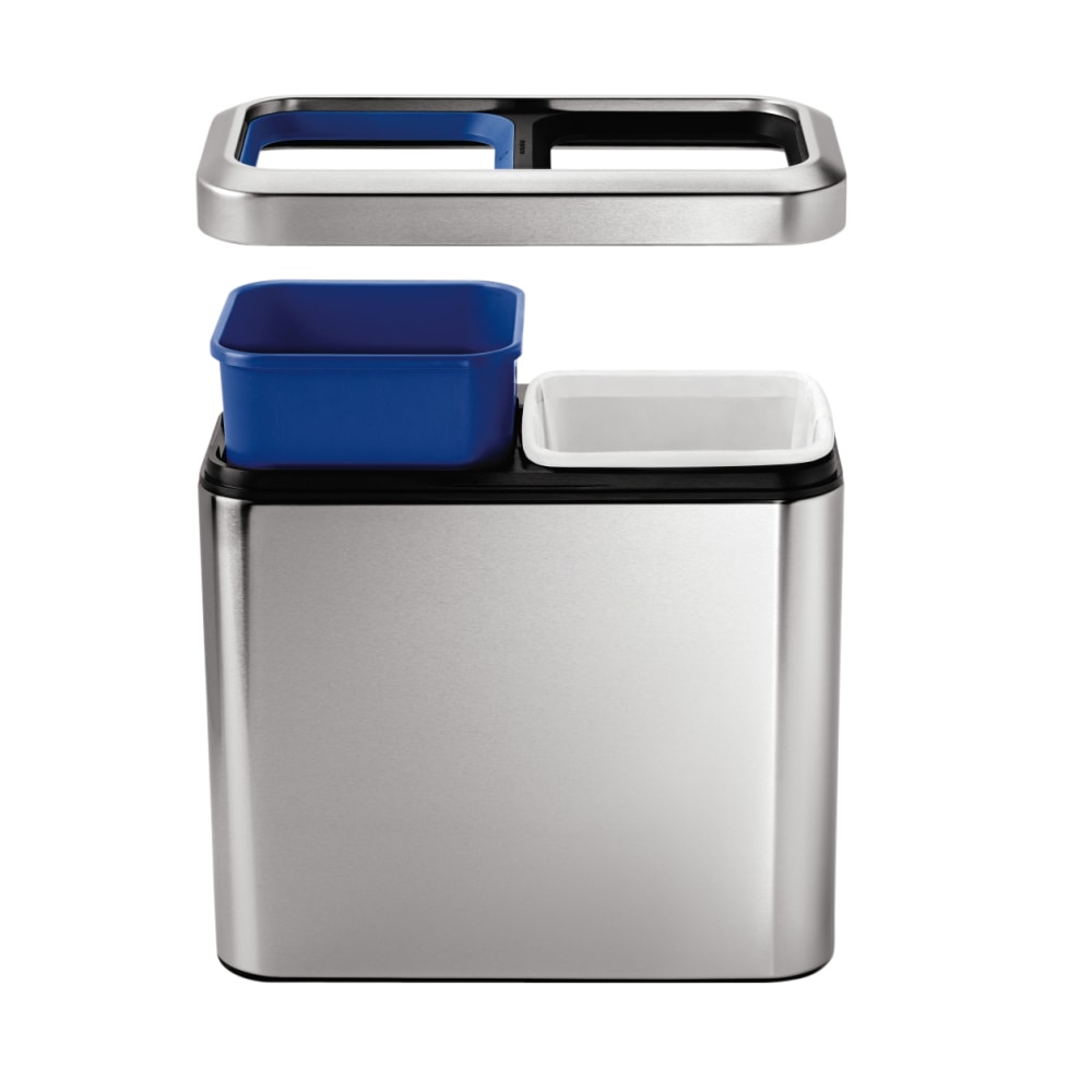 simplehuman Slim Open Top Mini Trash Can, 5.3 Gallons, Dual Compartment Recycler, 15.2inH x 8.7inW x 16.7inD, Rectangular, Brushed Stainless Steel MPN:CW1470