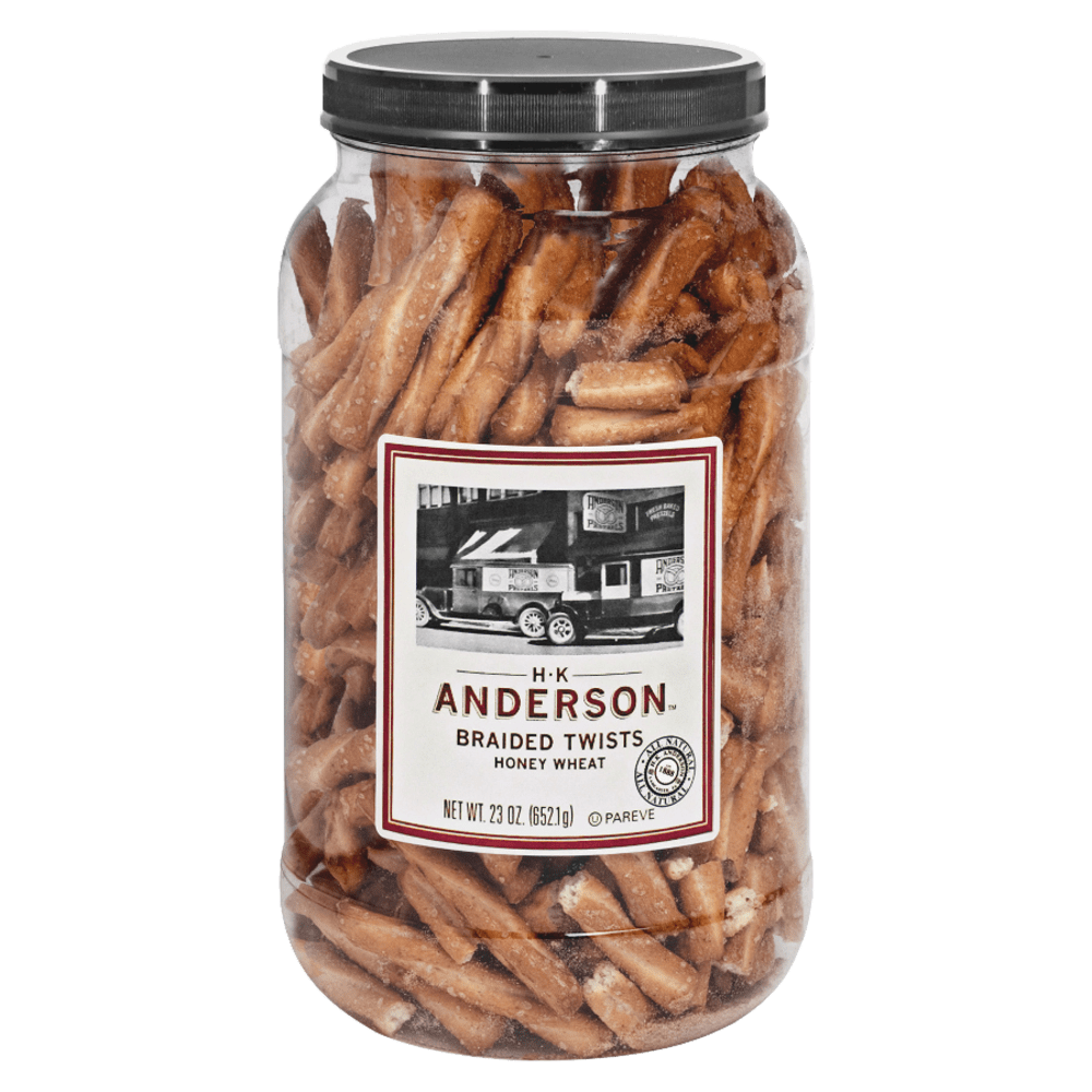H.K. Anderson Anderson Pretzels, Honey Wheat Braided Pretzels, 23 Oz Tub (Min Order Qty 4) MPN:OFX6270