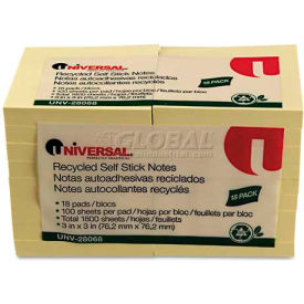 Universal One® Recycled Sticky Notes 3 X 3 Yellow; 18 100-Sheet Pads/Pack UNV28068
