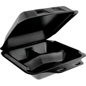 Pactiv Evergreen SmartLock Foam Hinged Lid Container Medium 3 Compartments 8x8.5x3 Black 150/CT YHLB08030000
