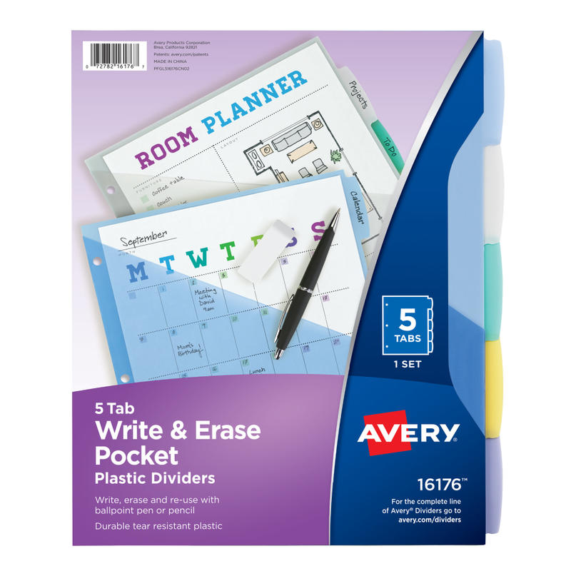 Avery Write & Erase Pocket Plastic Dividers For 3 Ring Binders, 9-1/4in x 11-1/4in, 5-Tab Set, Multicolor, 1 Set MPN:16176