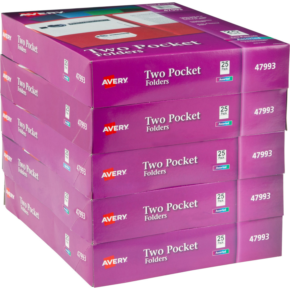 Avery Letter Pocket Folder - 8 1/2in x 11in - 40 Sheets Capacity - 2 Internal Pocket - Embossed Paper - Assorted - Embossed - 25/Box - 5 / Carton MPN:47993CT