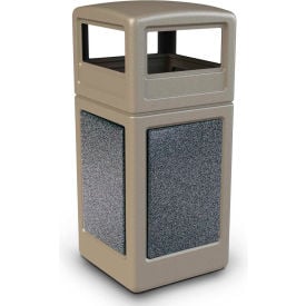 PolyTec™ Square Waste Container w/Dome Lid Beige w/Pepperstone Stone Panels 42-Gallon 720417K