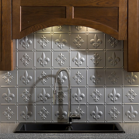 Fasade 18in x 24in Fleur-de-lis Argent Silver Backsplash Panel 5pk MPN:PB6609