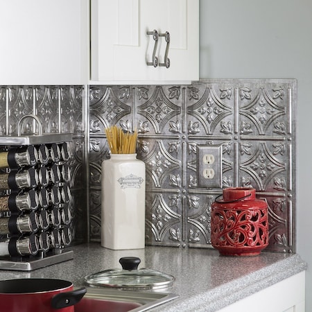 Fasade 18in x 24in Traditional 1 Crosshatch Silver Backsplash Panel 5pk MPN:PB5021